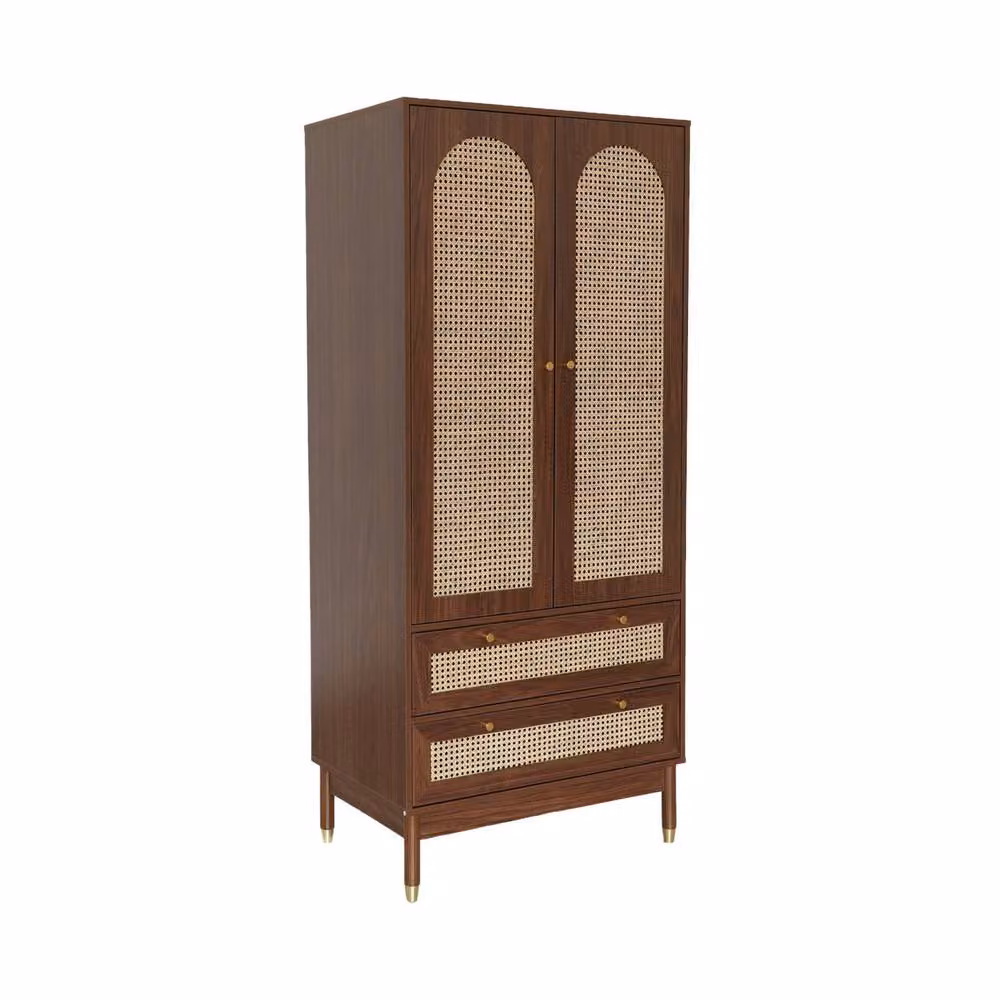 sweeek Boho Style Wardrobe with 2 Hinged Doors, 2 Internal Drawers and Hanging Rod, Dark Brown and Gold, H 180 x W 80 x D 50 cm – 2
