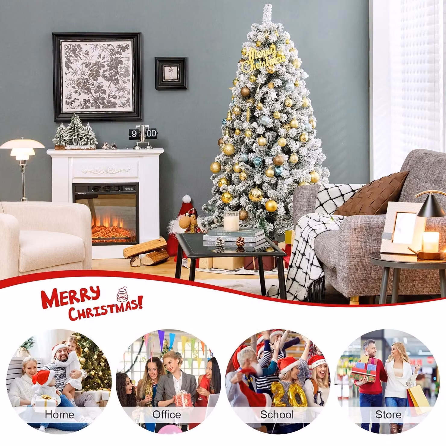 Gymax Snow Flocked Artificial Christmas Tree, Unlit Hinged Xmas Tree in Green – 5