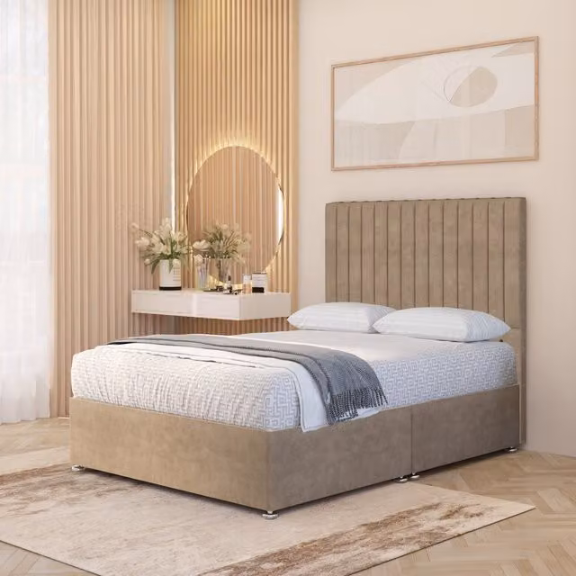 Somnior Beds Ltd Verona Velvet Hybrid Orthopaedic Pocket Spring Divan Bed Set with Headboard and Drawers, Beige, W/D/H: 120 x 200 x 30 cm