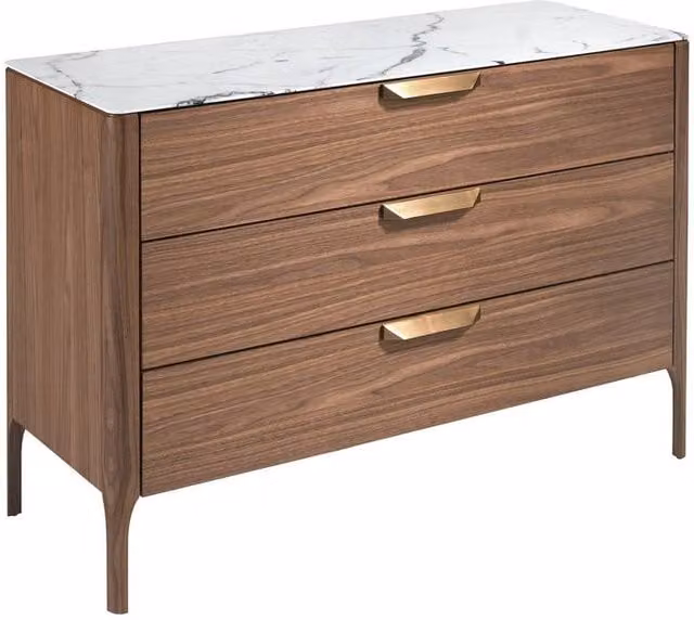 Angel Cerda Modern Walnut-Veneer 3-Drawer Chest with Marble-Effect Glass in Brown, White and Grey, W/D/H: 120 x 45 x 80 cm