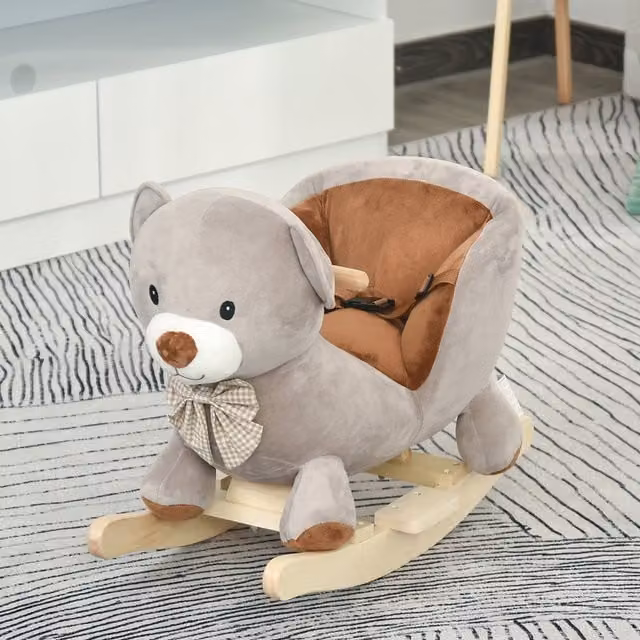 HOMCOM Kids Plush Bear Rocking Seat with Sound in Grey