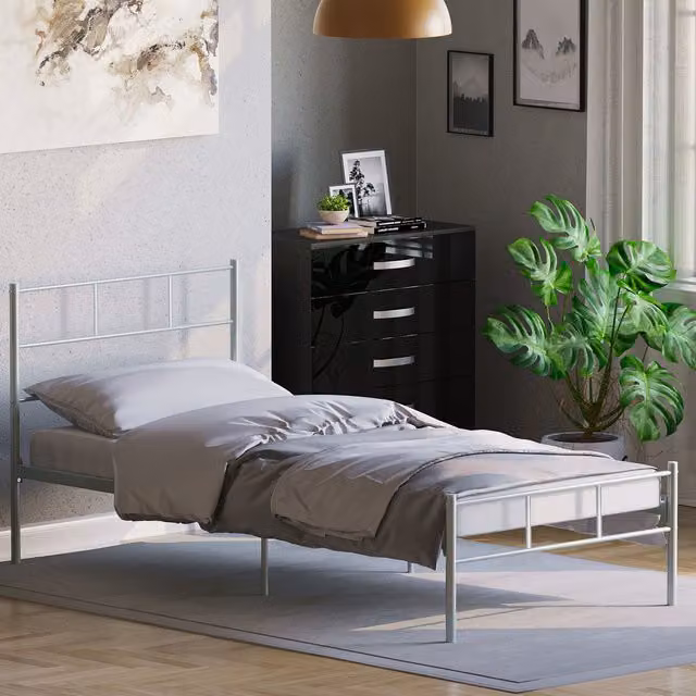 Vida Designs Dorset Metal Bed Frame in Silver, W/D/H: 90 x 200 cm