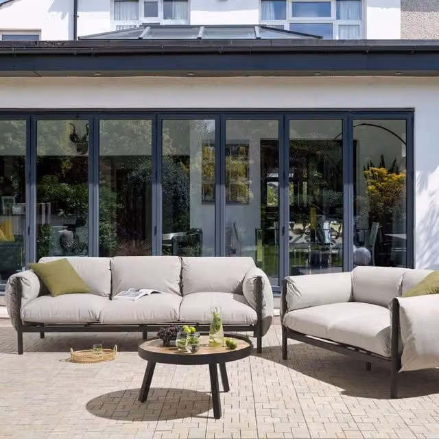Wyld and Coco Five-Seater Garden Sofa Set with Grey Weather-Resistant Upholstered Cushions and Powder-Coated Aluminium Frame