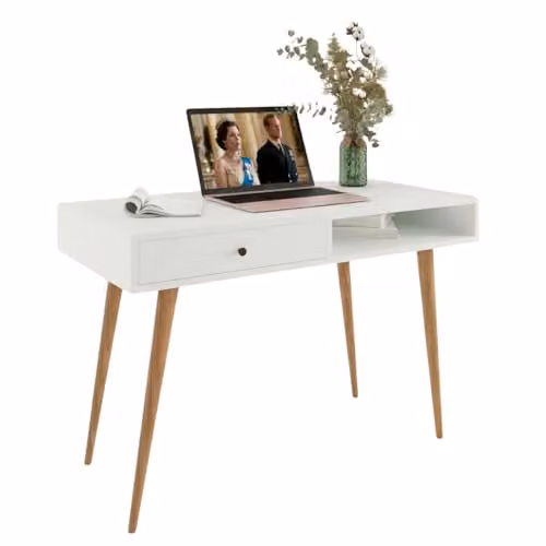 BIMOSSA White Writing Desk with Drawers and Open Shelf, W/D/H: 114 x 56 x 76 cm