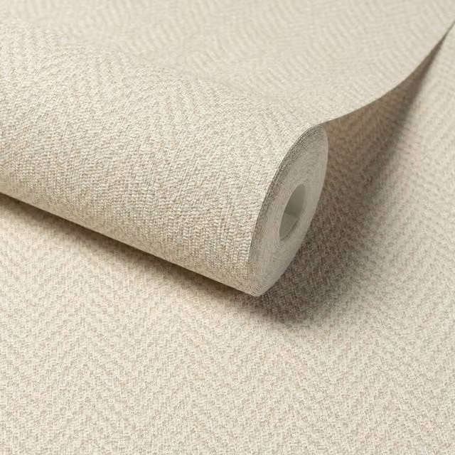 Antiga Herringbone Chevron Weave Textured Wallpaper in Beige and Multicolour