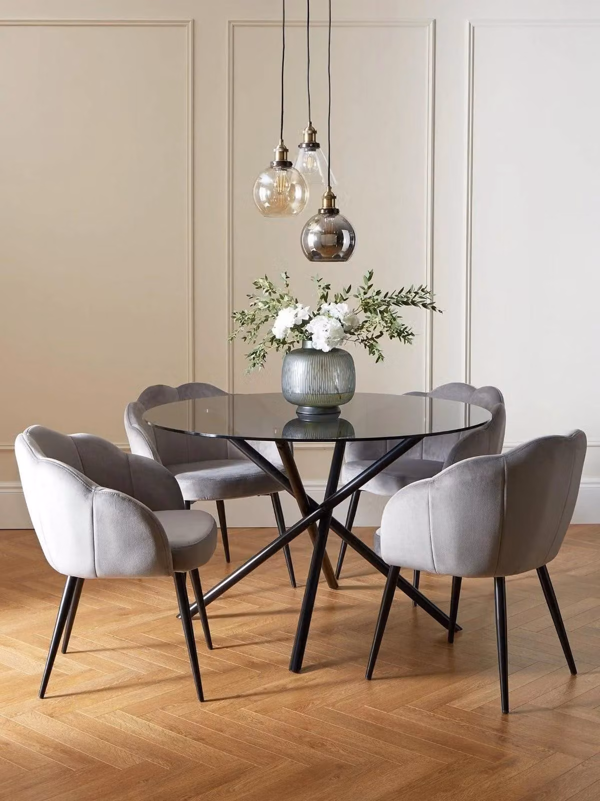 Angel Modern Round Glass Top Dining Table with 4 Grey Velvet Chairs Kitchen Set, Diameter: 120 cm, Height: 78 cm