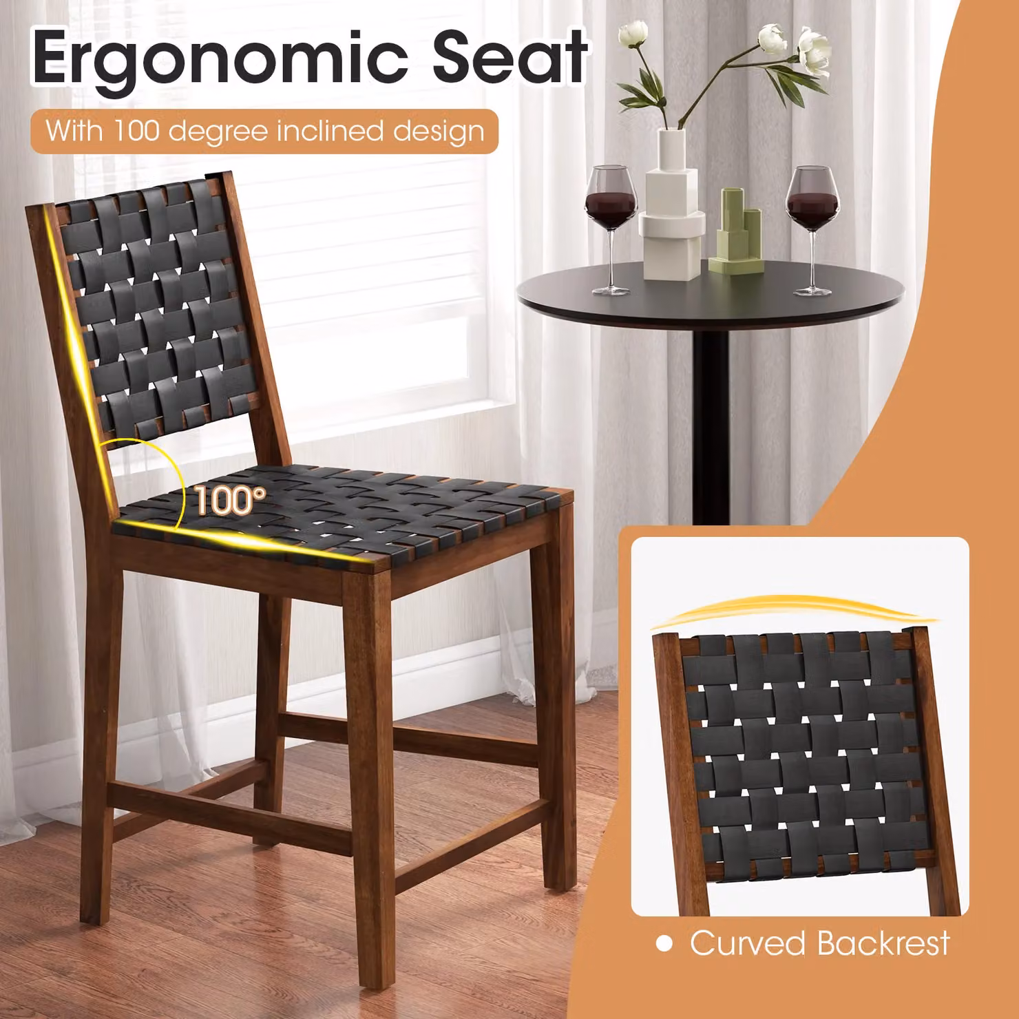 Costway Set of 2 Woven Counter Height Bar Stools in Brown with Faux PU Leather Straps – 6
