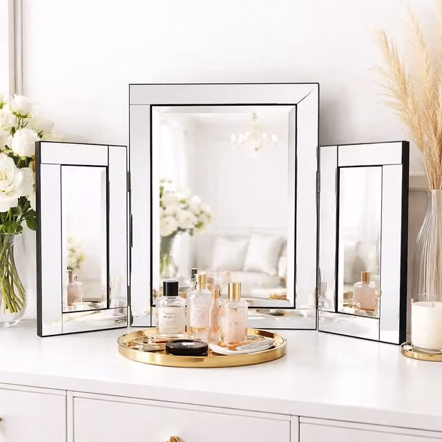 Marco Paul Large Tri-Fold Tabletop Dressing Table Mirror in Silver