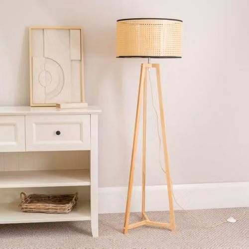 ValueLights Lottie Natural Wood Tripod Floor Lamp with Beige Rattan Cylinder Shade and LED Bulb – 2