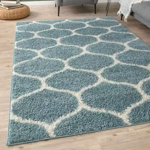 THE RUGS Modern Moroccan Shaggy Rug in Duck Egg Blue and Ivory, W: 240 cm, D: 340 cm – 1