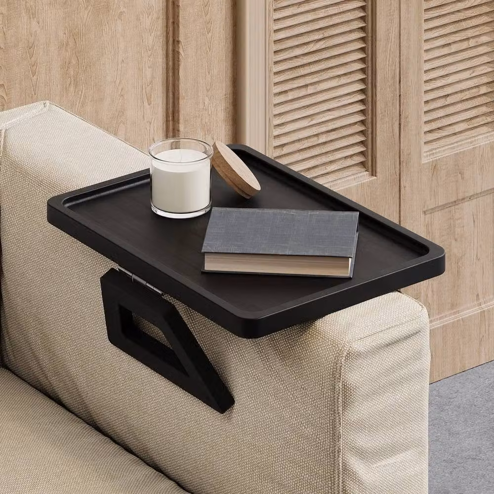 VOGREX Wooden Sofa Armrest Tray and Remote Holder in Black – 3
