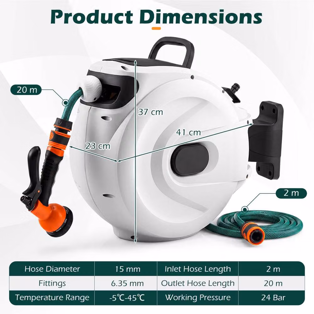 Gymax White Wall-Mounted Retractable Hose Reel with Auto-Rewind, 1/2 Inch, 20m + 2m – 2