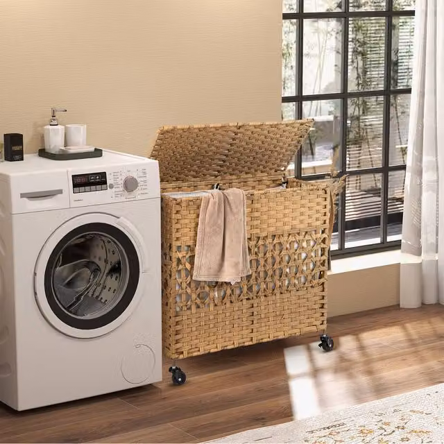 Costway 110L 2-Section Laundry Hamper with Lid and Wheels in Beige – 1