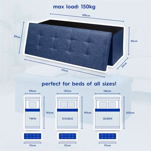 Harbour Housewares Foldable Storage Ottoman Bench in Blue Fabric, W/D/H: 111 x 39 x 36 cm – 3
