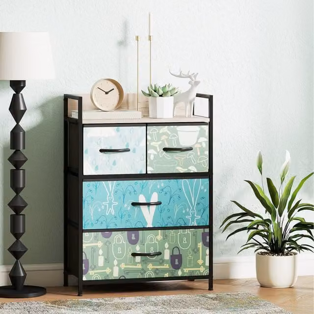 HOMCOM Blue and Multicolour Abstract Fabric Chest of Drawers for your Bedroom or Living Room