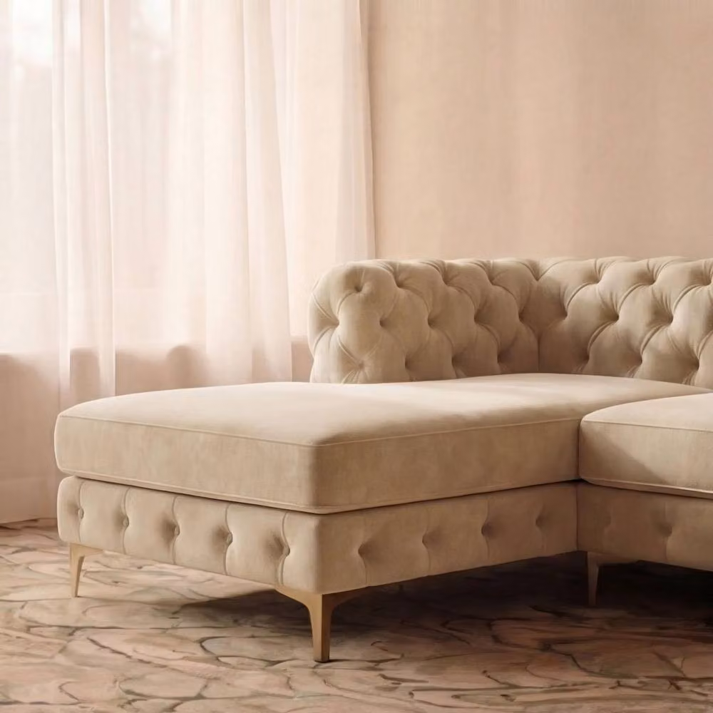 Sofaya Monaco Chesterfield 4 Seater L-Shaped Sofa in Beige Velvet with Left Hand Chaise – 2