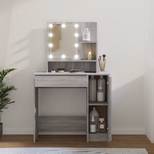Berkfield Home Modern LED Dressing Table in Grey Sonoma, W: 86.5 cm, D: 35 cm, H: 136 cm – 1