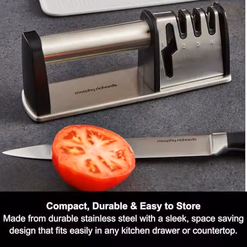 Morphy Richards 4-in-1 Manual Knife Sharpener in Silver with Stainless Steel Body – 4