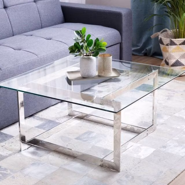 Wyld and Coco Silver Square Coffee Table with Transparent Tempered Glass Top and Polished Metal Base, W/D/H: 80 x 80 x 40 cm