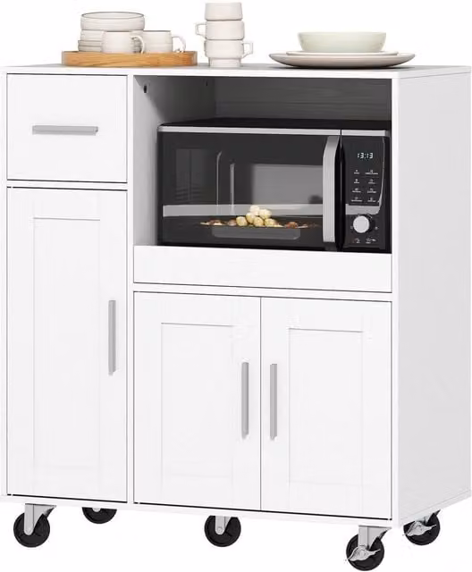 FORGEVIO White Rolling Kitchen Cart with Microwave Cabinet, Sliding Tray and Drawer