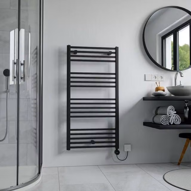 Bathroom Kingdom Eros Electric Heated Towel Rail, Black, H: 67.7 cm, W: 60.0 cm
