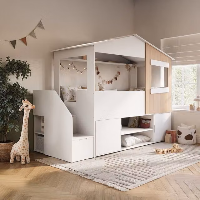 Dreamland Flair Scandinavian House Midsleeper Bed with Staircase Storage in White and Oak
