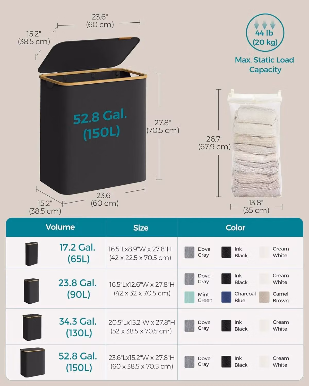 SONGMICS Extra Large 3-Section Collapsible Laundry Hamper with Bamboo Handles, Black, W/D/H: 120 x 70.5 x 60 cm – 2