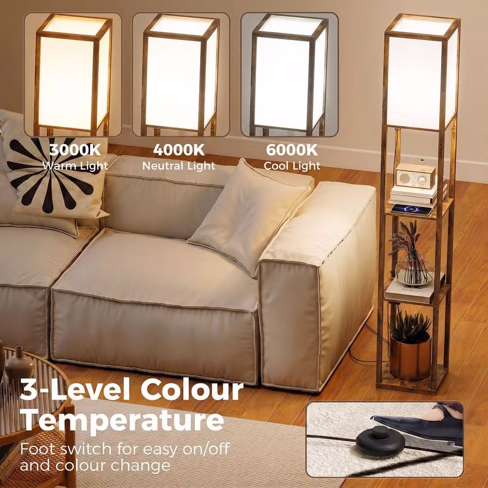 HOMCOM 4-Layer Rustic Brown Column Standing Floor Lamp with USB Ports and E27 Socket – 9