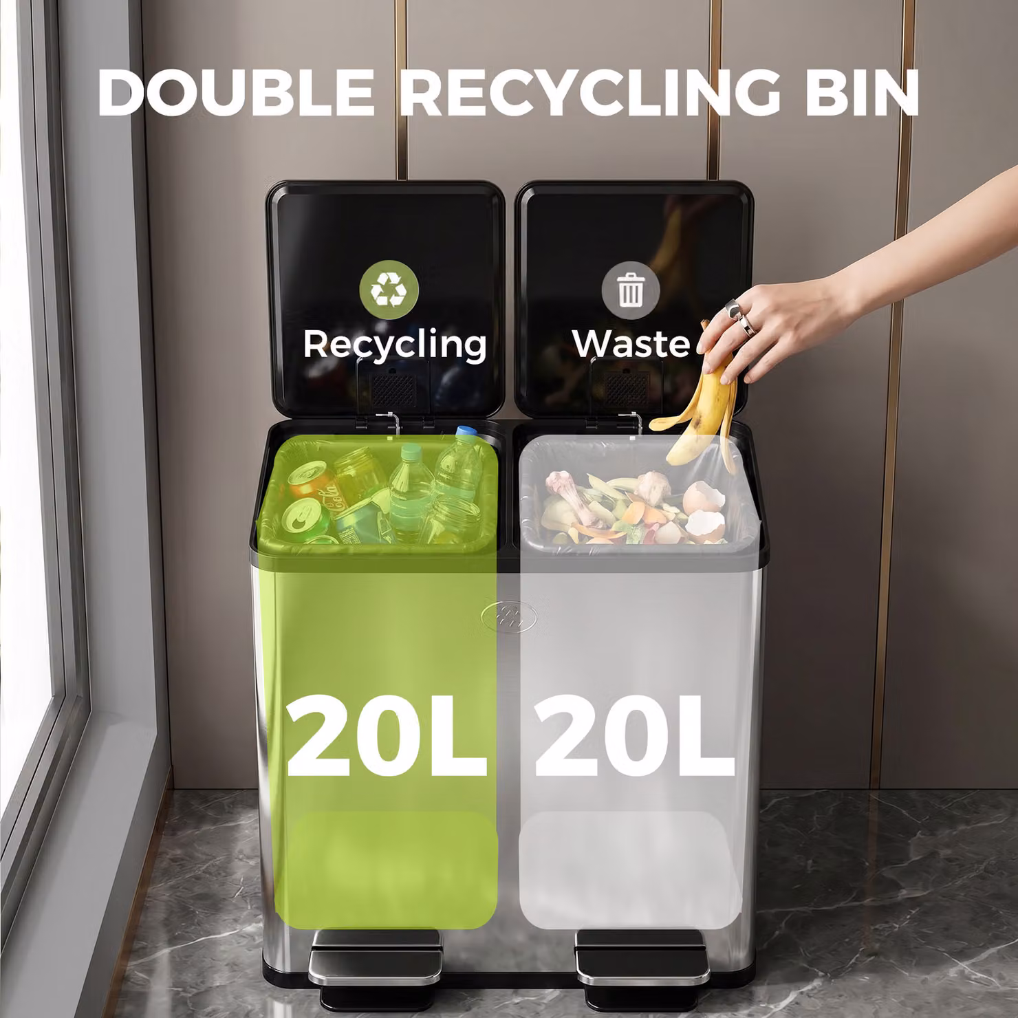 HOMCOM Silver Dual Kitchen Pedal Bin, 2 x 20L Stainless Steel Bins with Soft Close Lids and Removable Inner Buckets – 4