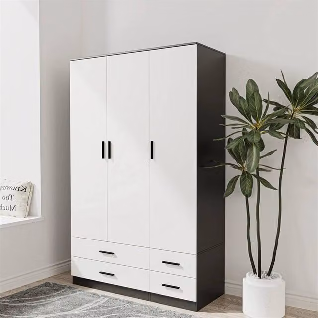 FORGEVIO Modern 3 Door 4 Drawer Wardrobe in Black and White with Integrated Drawers and Hanging Rod – 1