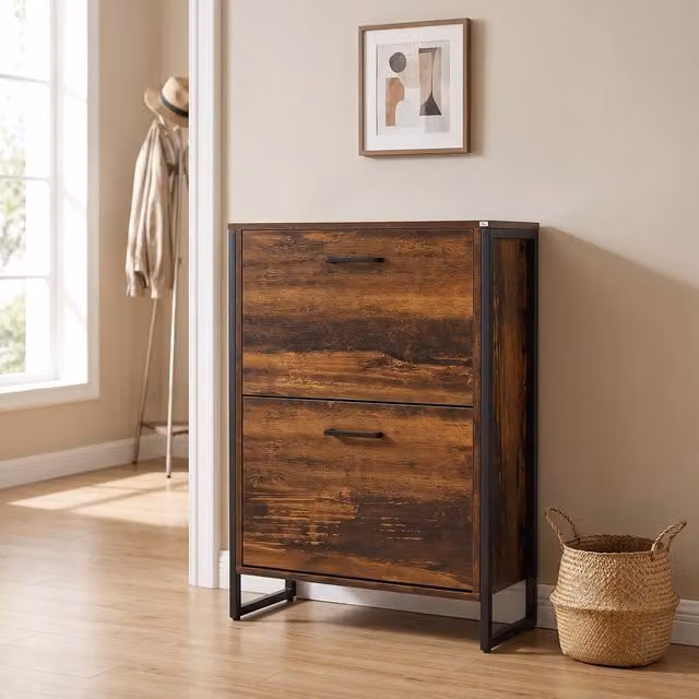 STILVORA Industrial Shoe Cabinet in Brown with 2 Tilting Doors and Metal Accents – 1
