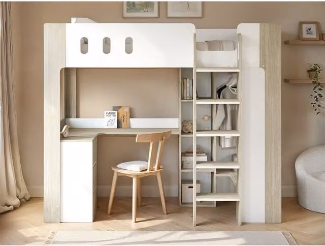 Flair Furnishings Willow High Sleeper with Desk and Storage, White and Oak, Single