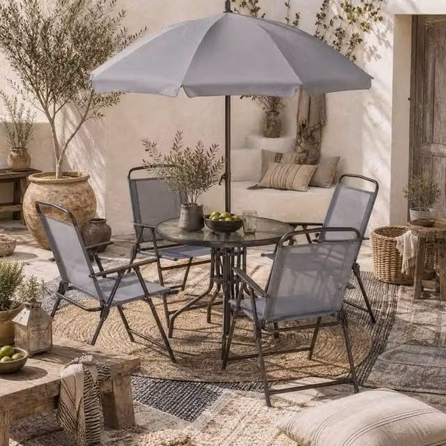 Wyld Haus 6 Piece Outdoor Dining Set with 4 Folding Mesh Chairs in Grey and Brown – 1
