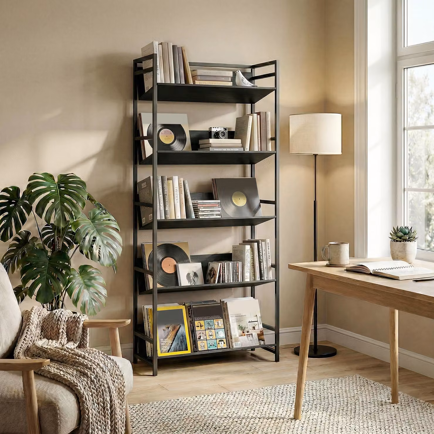 HOMCOM 5-Tier Industrial Metal Frame Bookshelf and Room Divider in Black – 7