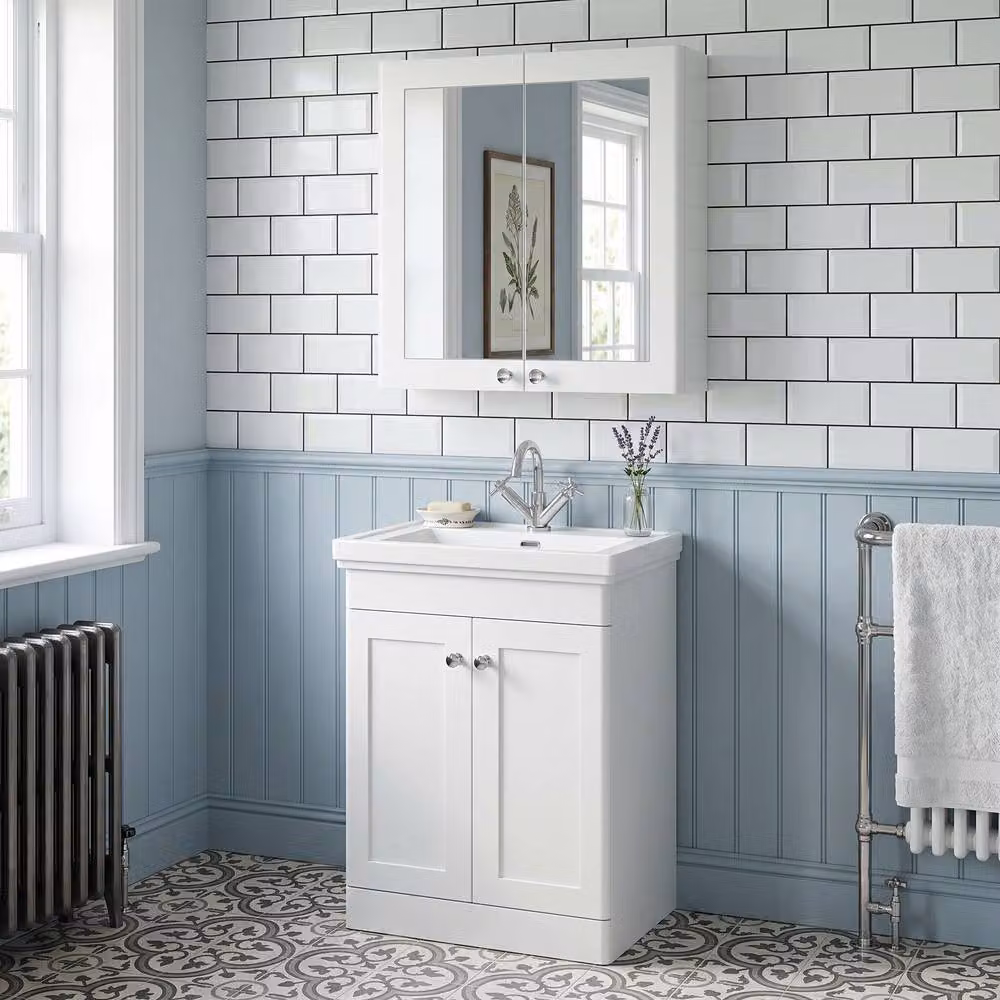 Balterley Classique Wall Hung 2-Door Mirror Bathroom Cabinet, Satin White, W: 60.0 cm, H: 71.5 cm, D: 1.0 cm – 2