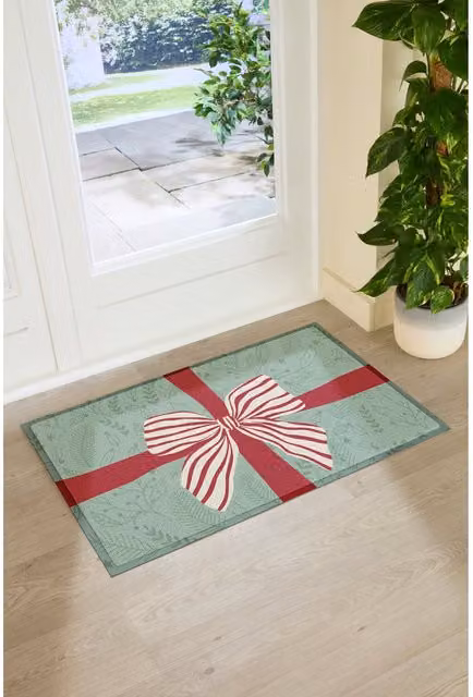 Artsy Mats Red and White Striped Bow Large Rectangular Doormat in Green