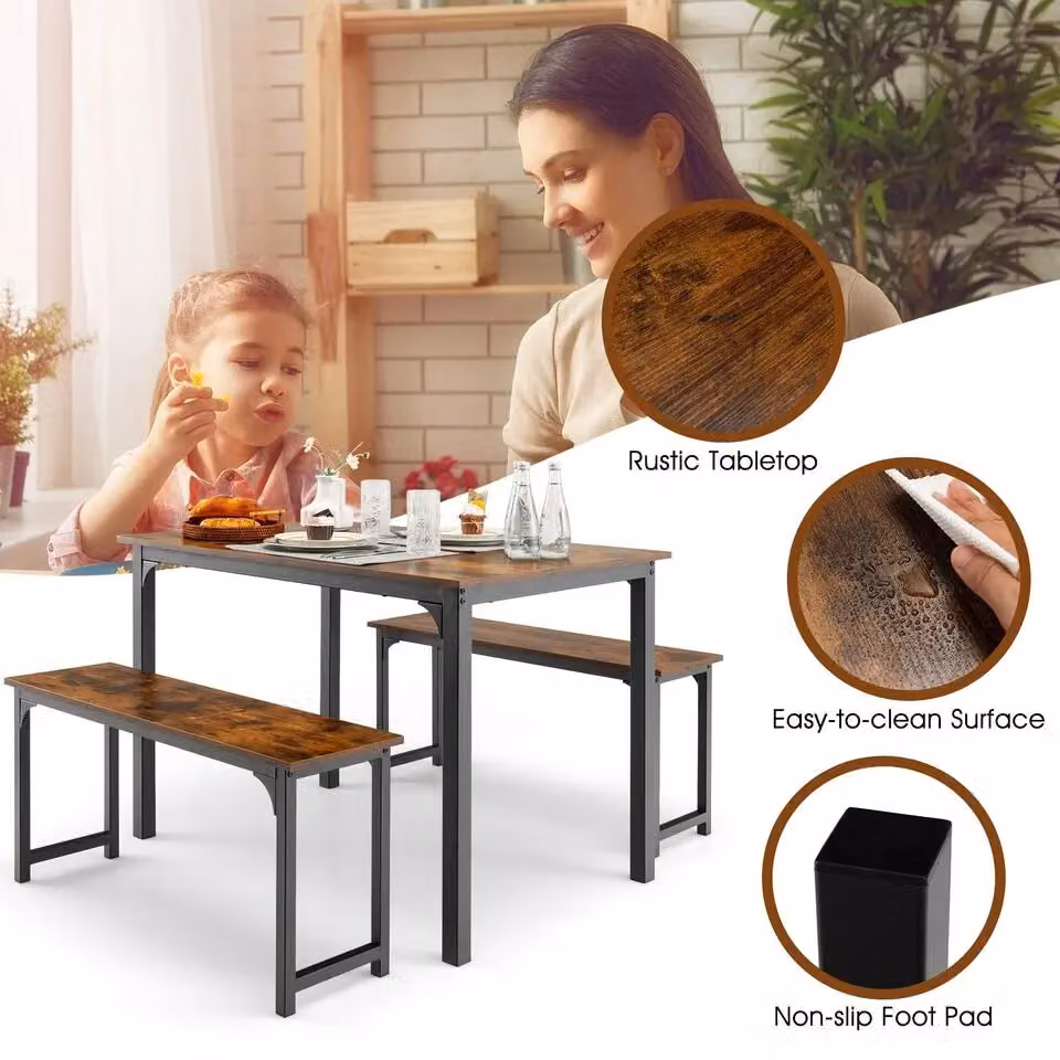 Costway 3-Piece Industrial Dining Table Set with 2 Benches in Brown – 5