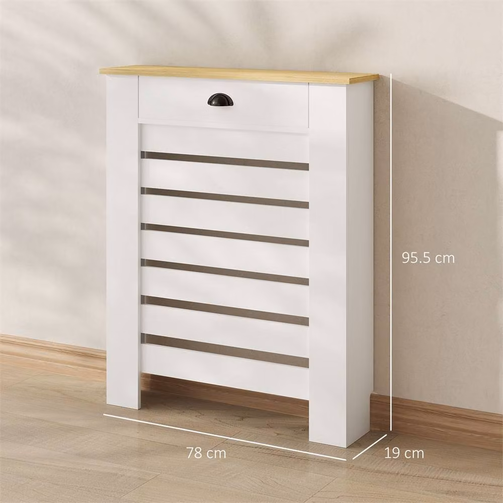 NESTLUNE Radiator Cover with Drawer in White with Horizontal Slats, W: 100 cm, D: 15 cm – 2
