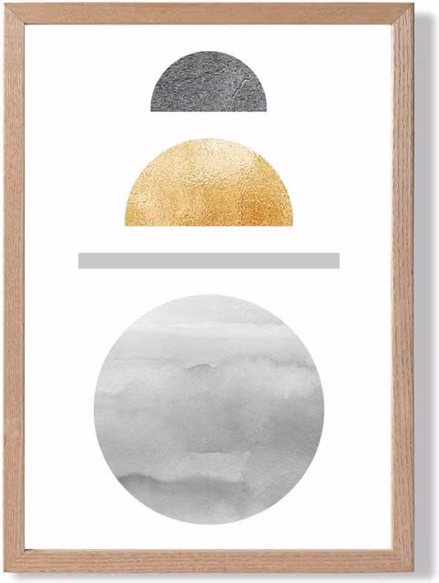 ARTZE Yellow and Grey Circles Mid Century Geometric Framed Print with Oak Frame, A3