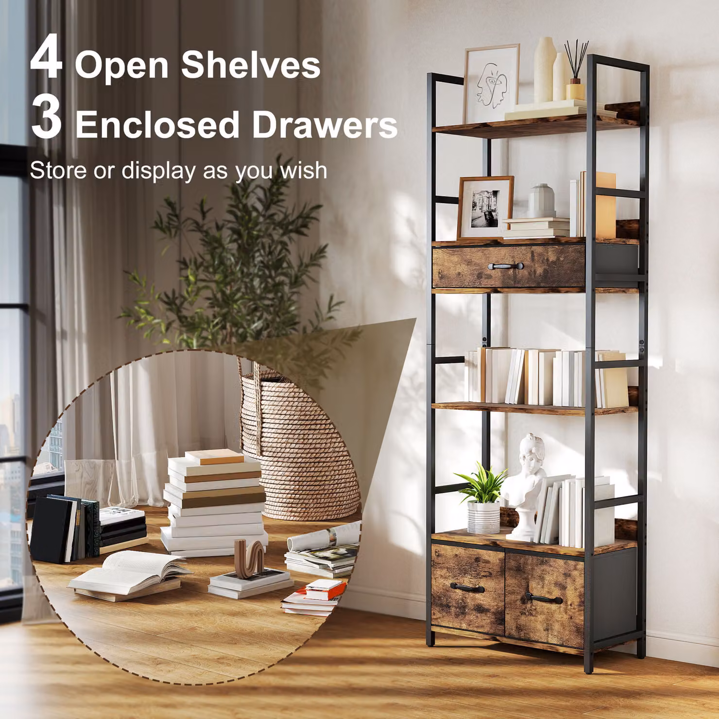 HOMCOM Industrial Style Bookcase with 4 Shelves and 3 Fabric Drawers in Brown and Black – 4