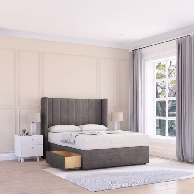 Sloomy Falcon Naples Wingback Bed Set with 2 Drawers and Floor Standing Headboard, Grey, W/D/H: 180 x 200 cm
