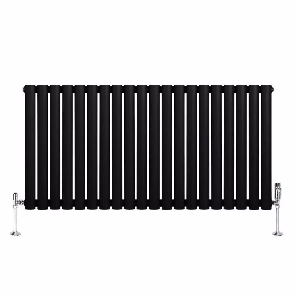 Monstershop Oval Single Column Steel Radiator and Thermostat Valves, Black, H: 120 cm, W: 60 cm, D: 6 cm – 2