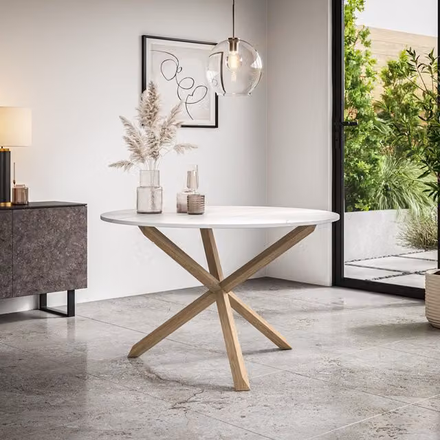 More4Homes Malvern Round White Marble Dining Table with Solid Oak Legs, Diameter: 120 cm, Height: 75 cm
