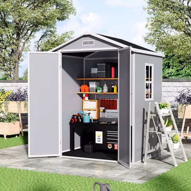 Breeins Plastic Outdoor Garden Shed with Lockable Apex Roof in Grey