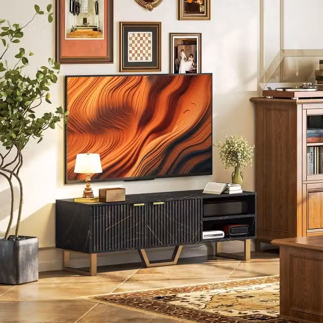 HOMCOM Modern TV Unit and Storage Cabinet with Shelves and Cupboard in Black and Gold