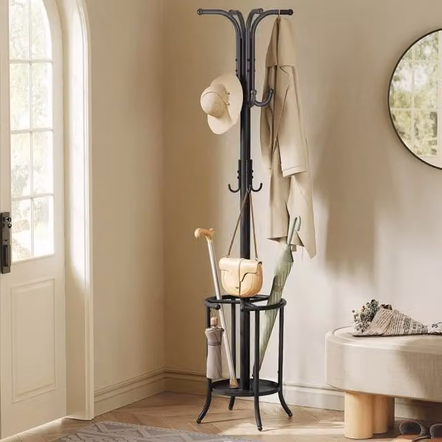 The Bazaarist Modern Metal Coat Stand with Umbrella Holder and Multi-Hook Storage in Matt Black