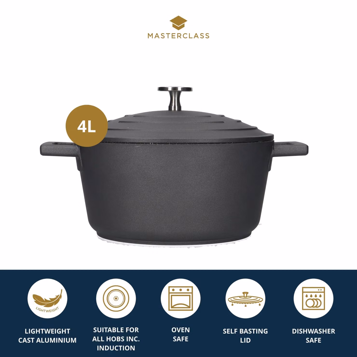 MasterClass Non-Stick Cast Aluminium 4 Litre Casserole Dish in Black – 4