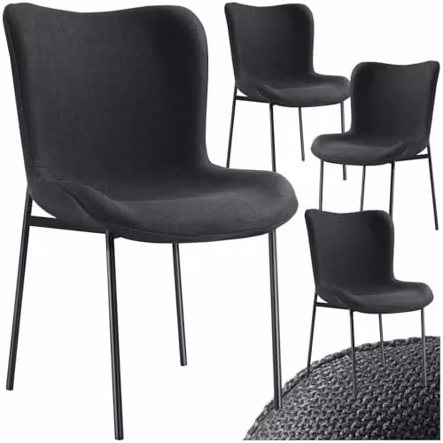 tectake Set of 4 Scandi Style Dining Chairs in Black Woven Fabric with Ergonomic High Backrest and Steel Legs – 1