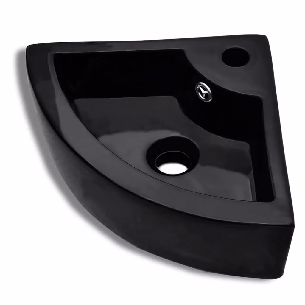Berkfield Home Black Ceramic Corner Wash Basin with Overflow W: 45 cm, D: 32 cm, H: 12.5 cm – 2