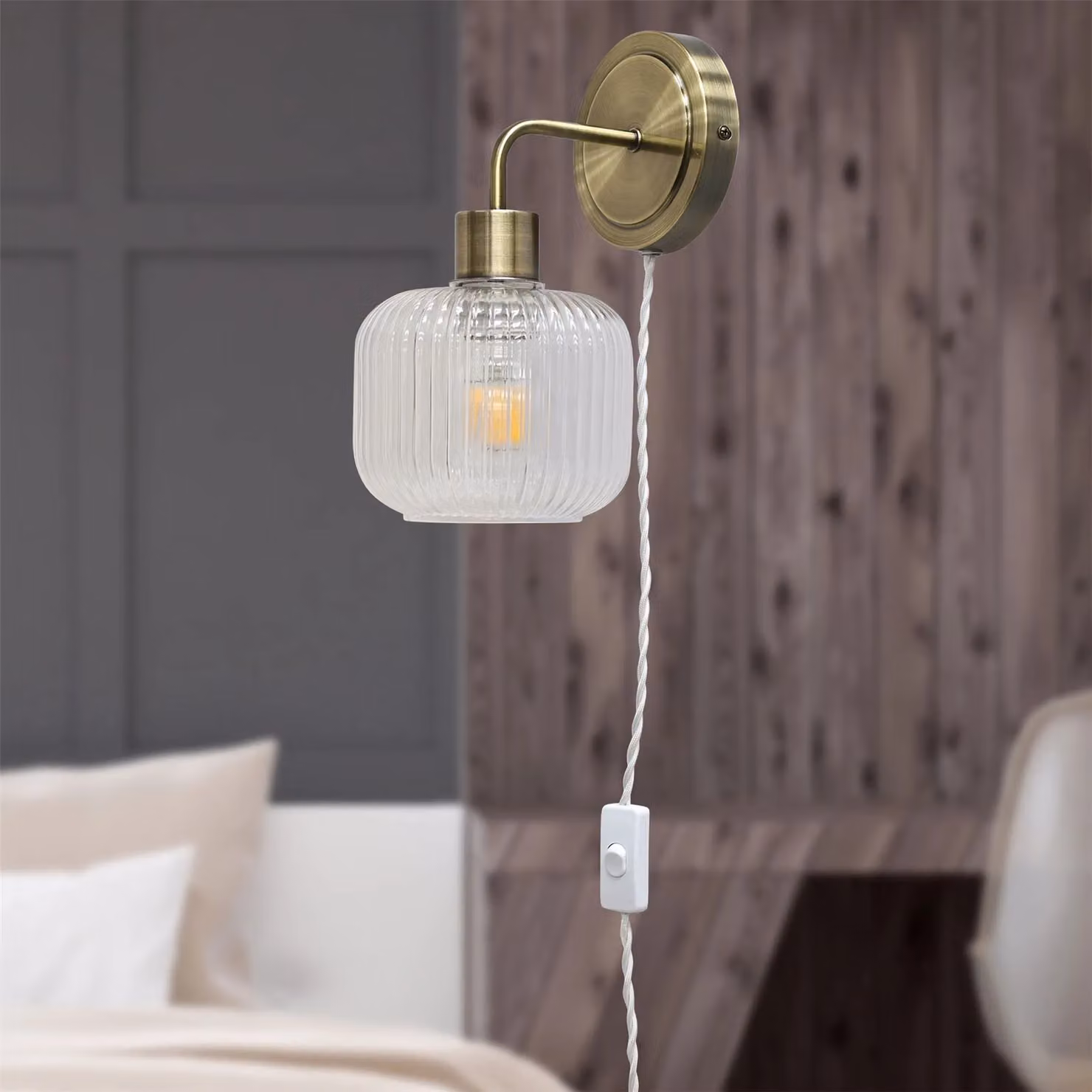 First Choice Lighting Toby Set of 2 Plug in Wall Lights in Antique Brass with Transparent Glass Shades – 2